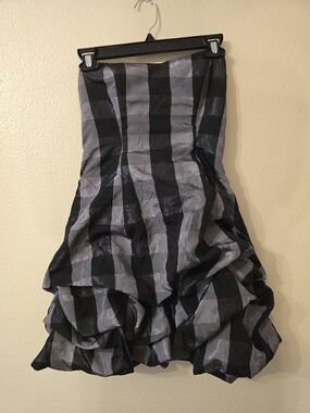 Y2K Black and Gray Checked Strapless Ruffled Hem Dress